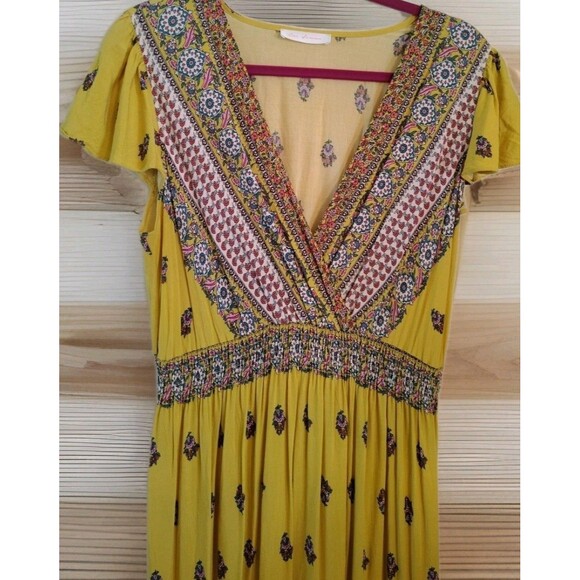 Ces Femme Dress Size L Maxi Boho Festival Yellow Crossover V Neck Front Floral - Picture 6 of 10